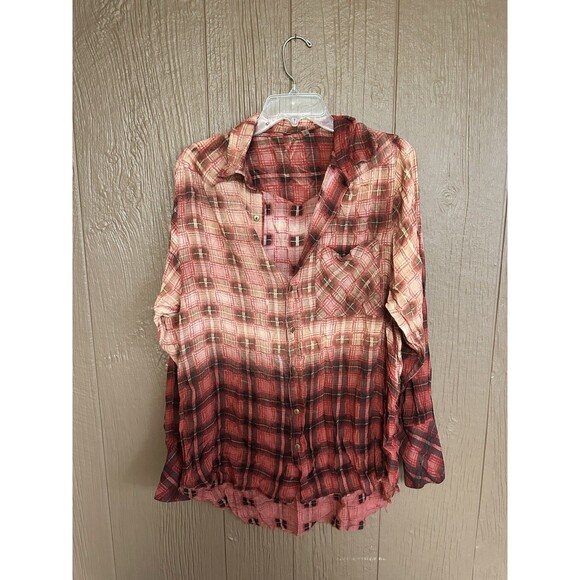 FREE PEOPLE FP ONE Sz S GRUNGE PLAID SHIRT BUTTONDOWN TUNIC DISTRESSED TUNIC - Picture 2 of 7